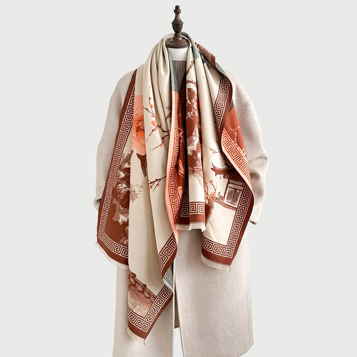 Buddha Stonesと秋の梅の花の軒先水墨画模様の心地よいスカーフショール - image 3