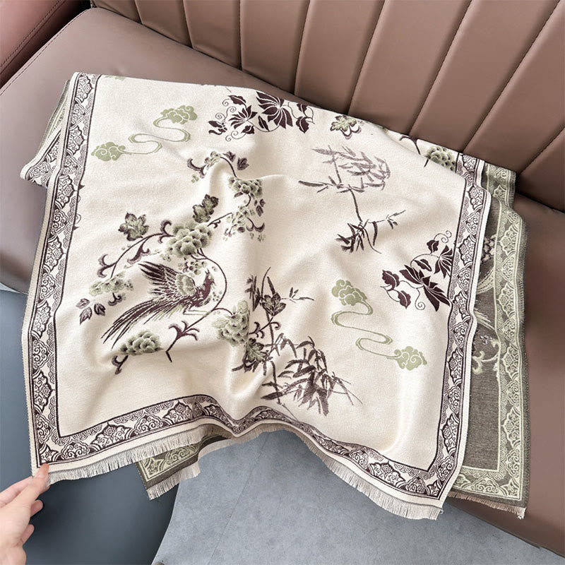 Buddha Stones、冬の鳥、竹の葉、蔓模様のソフトスカーフショール - ダークカーキ - 180×65cm - image 12