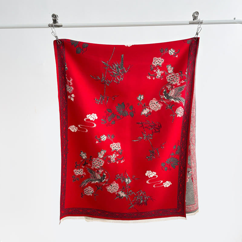 Buddha Stones、冬の鳥、竹の葉、蔓模様のソフトスカーフショール - image 5