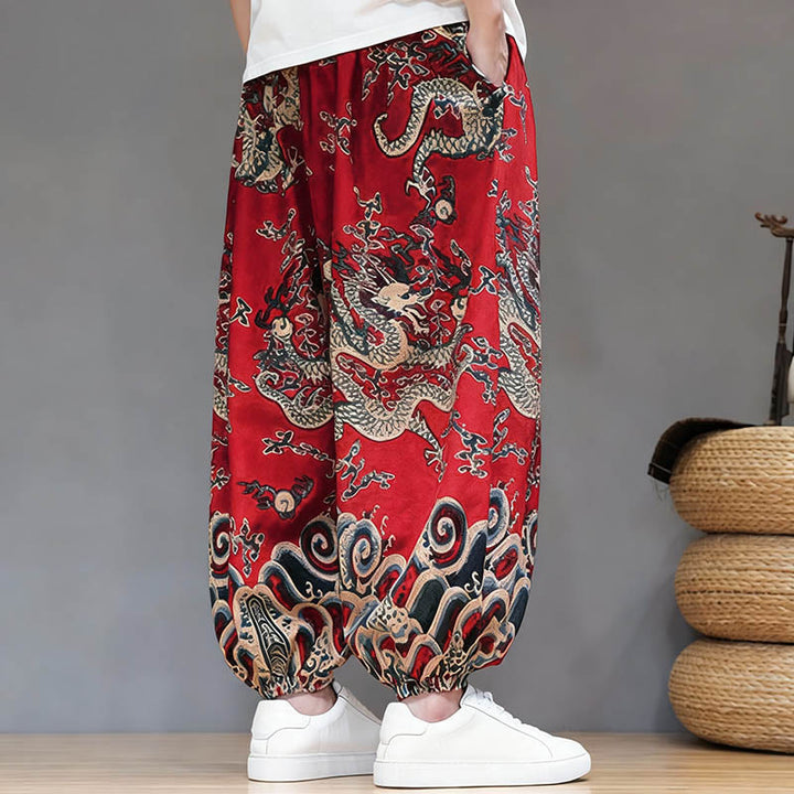 Buddha Stones夏 ドラゴン ドローストリングデザイン コットンリネン メンズ ハーレムパンツ ポケット付き - image 4
