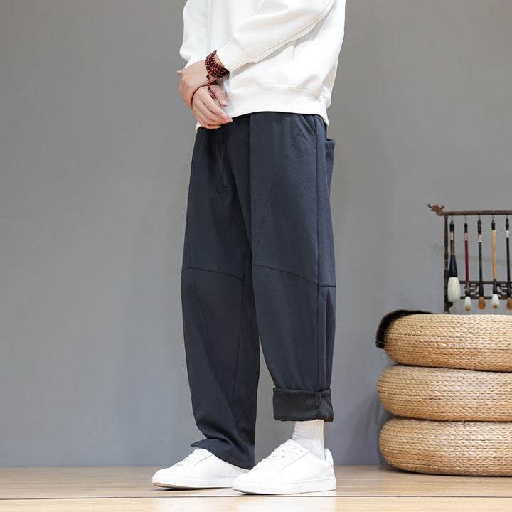 Buddha Stones冬用 無地 裏起毛 メンズ コットンリネン パンツ ポケット付き - image 2