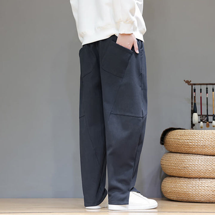 Buddha Stones冬用 無地 裏起毛 メンズ コットンリネン パンツ ポケット付き - image 4