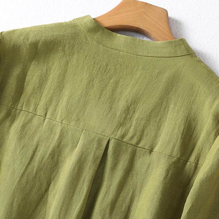 Buddha Stones春 ダークカーキ スタンドカラー ハーフボタンデザイン レディース 長袖シャツ - image 4