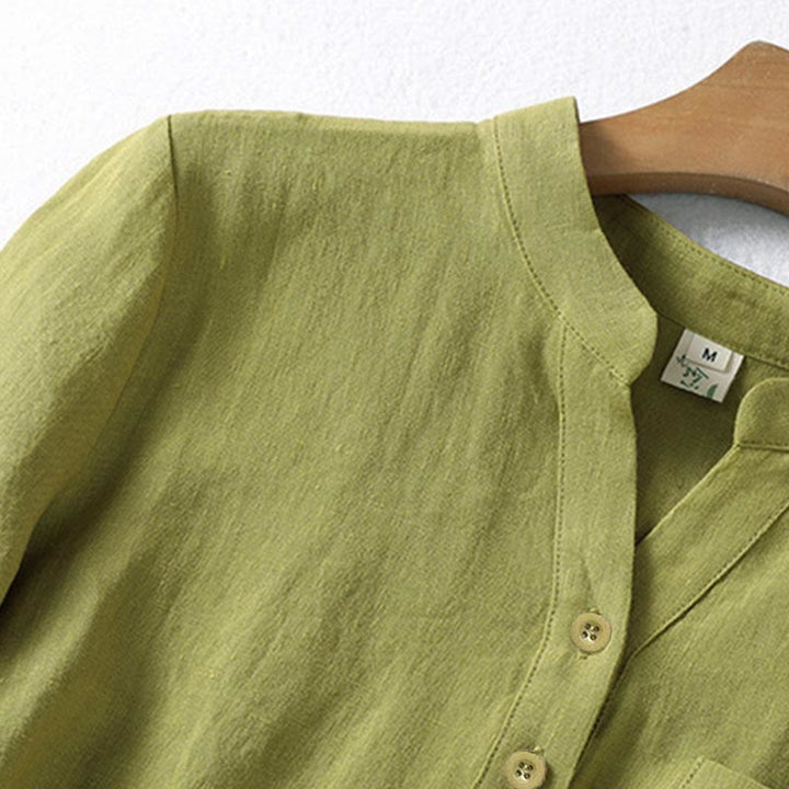 Buddha Stones春 ダークカーキ スタンドカラー ハーフボタンデザイン レディース 長袖シャツ - image 5
