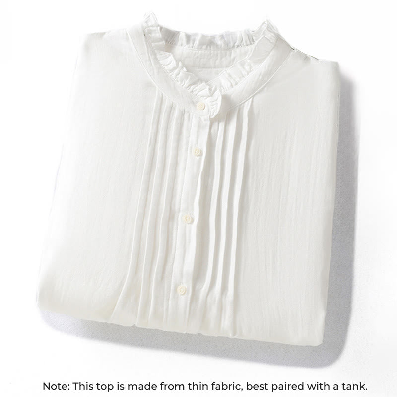 Buddha Stonesホワイト フリルカラー 長袖 レディース コットンシャツ - image 2