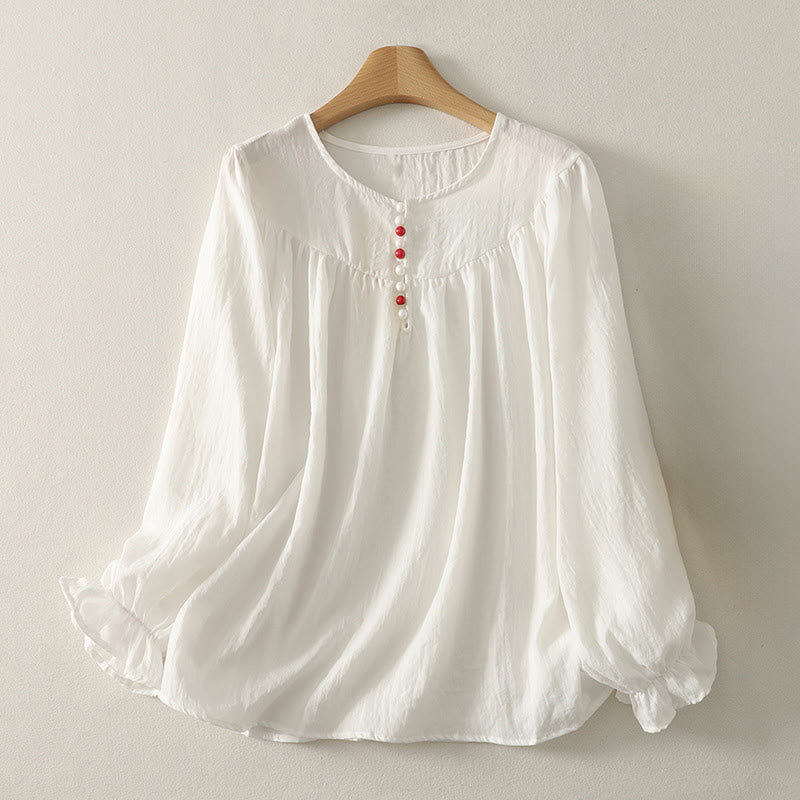 Buddha Stonesホワイトボタン フリル 長袖 レディース コットンシャツ - 白 - US8-10，UK/AU12-14，EU40-42 (2XL) - image 0