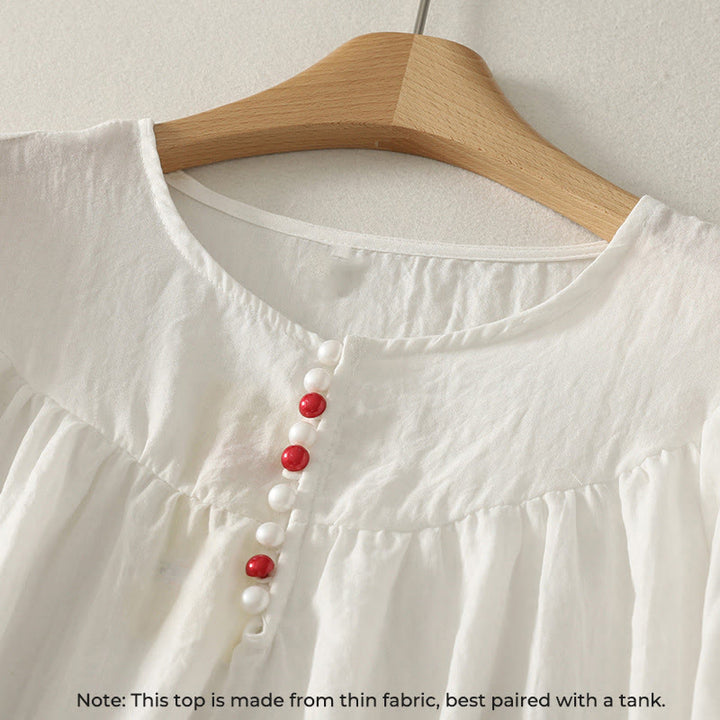 Buddha Stonesホワイトボタン フリル 長袖 レディース コットンシャツ - image 2