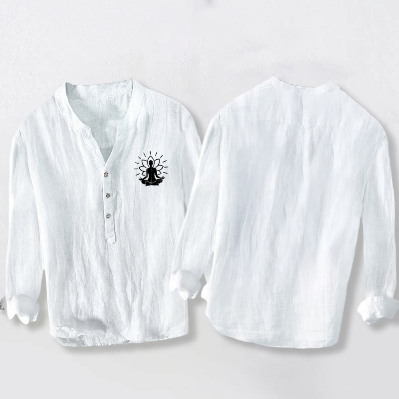 Buddha Stones瞑想する仏陀 蓮の模様 ハーフボタン メンズ コットンリネン 長袖シャツ - image 8