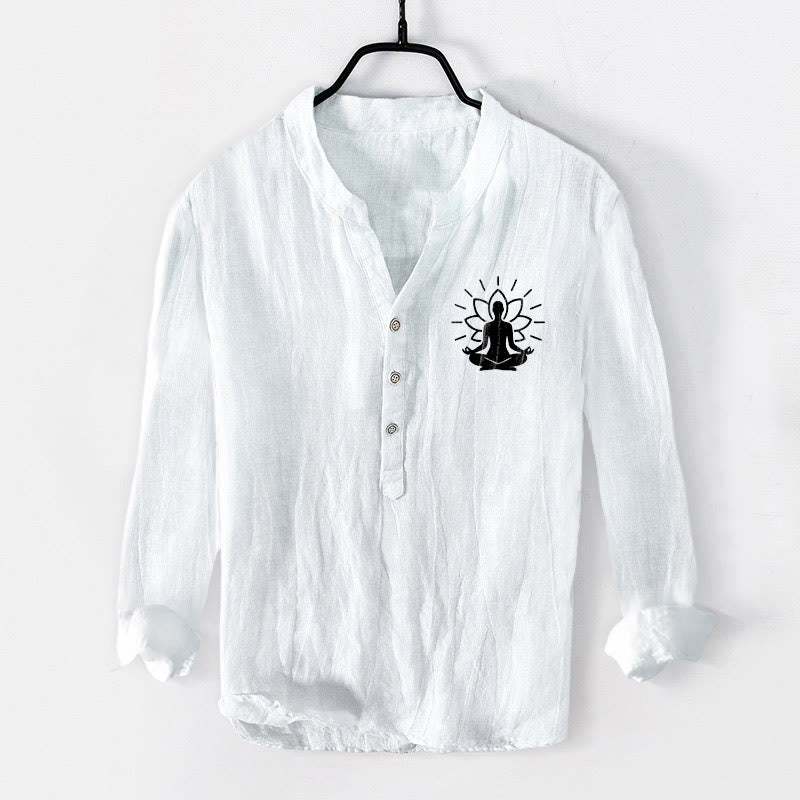 Buddha Stones瞑想する仏陀 蓮の模様 ハーフボタン メンズ コットンリネン 長袖シャツ - 白 - US/UK/AU50、EU60 (5XL) - image 6