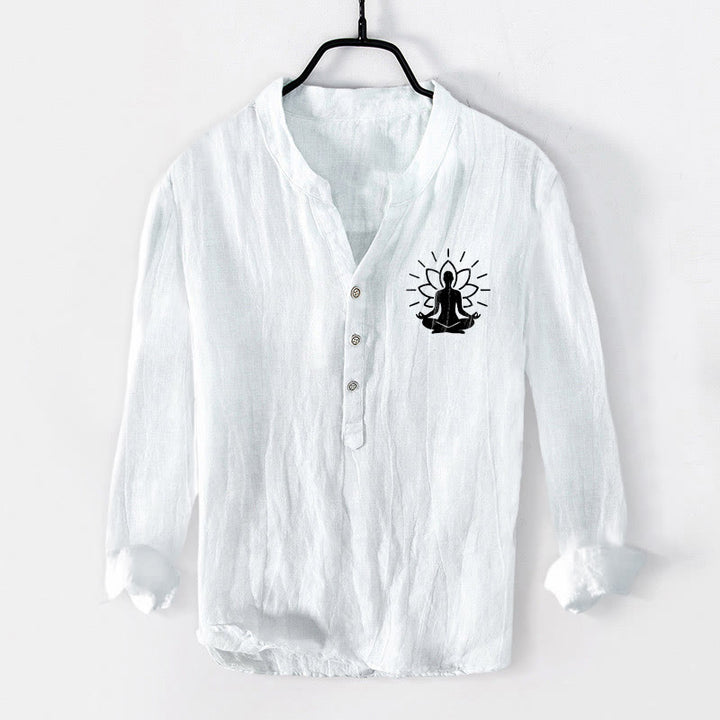 Buddha Stones瞑想する仏陀 蓮の模様 ハーフボタン メンズ コットンリネン 長袖シャツ - 白 - US/UK/AU50、EU60 (5XL) - image 6