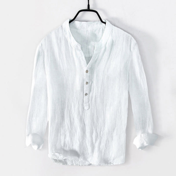 Buddha Stonesと穏やかな仏葉柄のハーフボタンメンズコットンリネン長袖シャツ - image 1