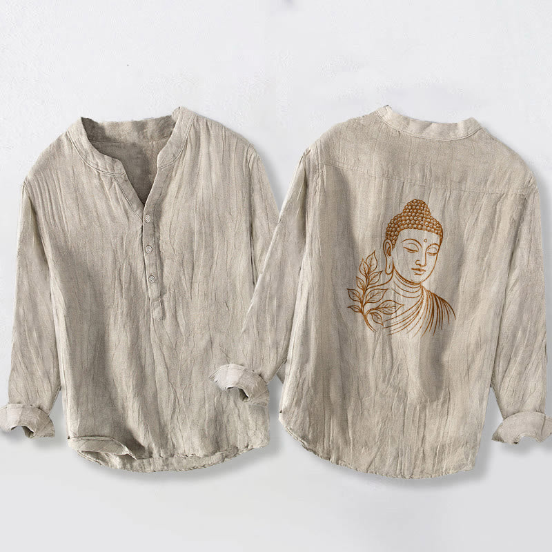 Buddha Stonesと穏やかな仏葉柄のハーフボタンメンズコットンリネン長袖シャツ - リネン - US/UK/AU50、EU60 (5XL) - image 6