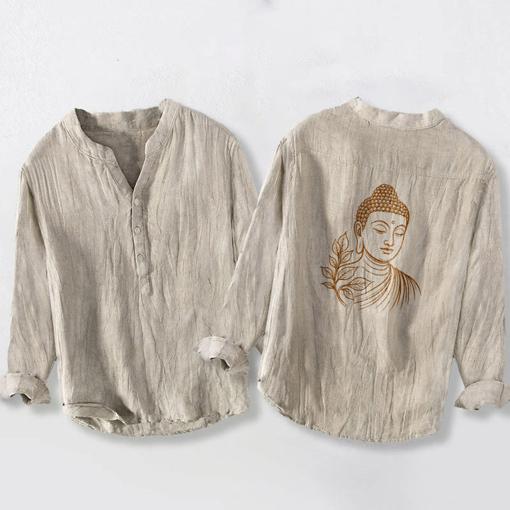 Buddha Stonesと穏やかな仏葉柄のハーフボタンメンズコットンリネン長袖シャツ - リネン - US/UK/AU50、EU60 (5XL) - image 6