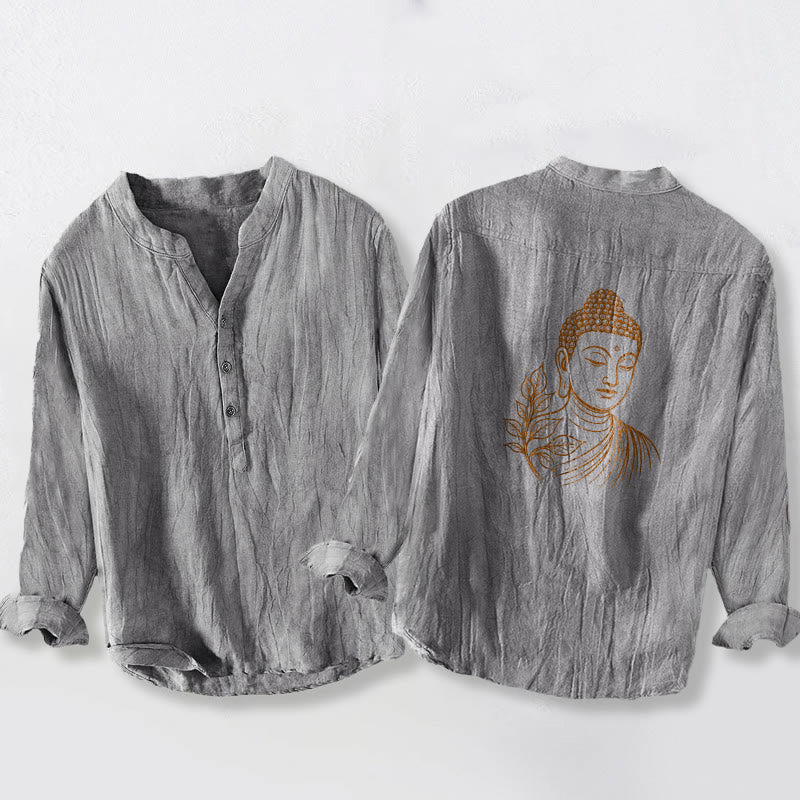 Buddha Stonesと穏やかな仏葉柄のハーフボタンメンズコットンリネン長袖シャツ - グレー - US/UK/AU50、EU60 (5XL) - image 3