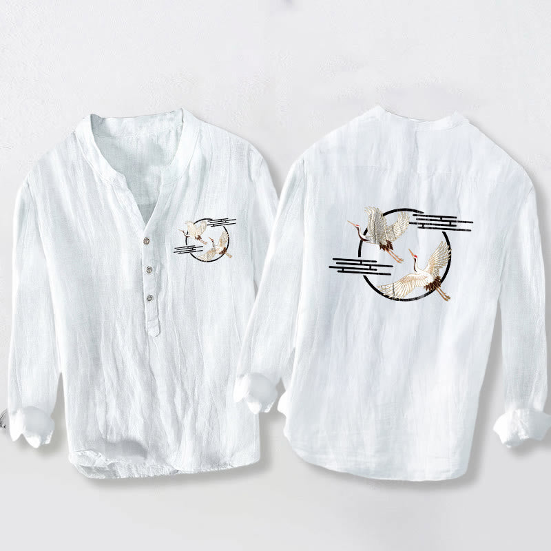 Buddha Stonesと舞い上がる白鶴模様の半ボタンメンズコットンリネン長袖シャツ - 白 - US/UK/AU50、EU60 (5XL) - image 3