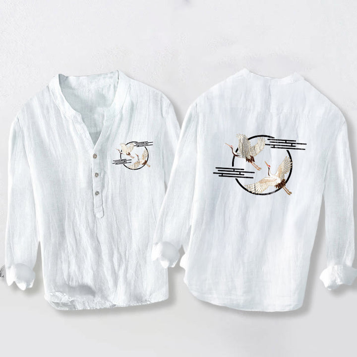 Buddha Stonesと舞い上がる白鶴模様の半ボタンメンズコットンリネン長袖シャツ - 白 - US/UK/AU50、EU60 (5XL) - image 3