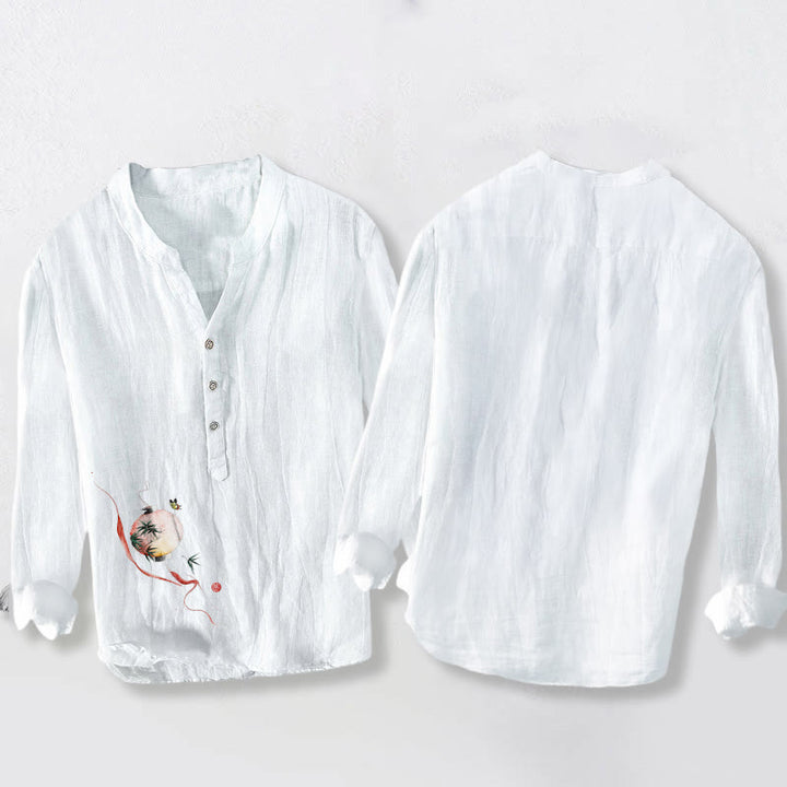 Buddha Stones、蝶、竹ランタン柄、ハーフボタン、メンズコットンリネン長袖シャツ - image 5