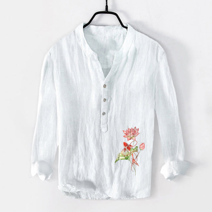 Buddha Stonesと鯉の泳ぐ蓮の模様のハーフボタンメンズコットンリネン長袖シャツ - 白 - US/UK/AU50、EU60 (5XL) - image 0