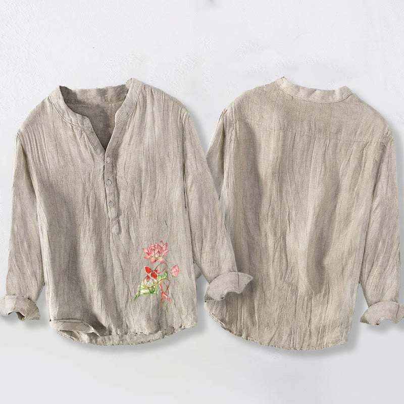 Buddha Stonesと鯉の泳ぐ蓮の模様のハーフボタンメンズコットンリネン長袖シャツ - image 5