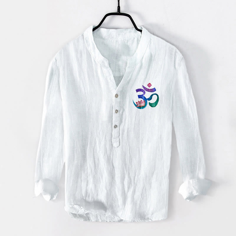 Buddha Stonesと蓮のOMシンボル柄 ハーフボタン メンズ コットンリネン 長袖シャツ - image 8