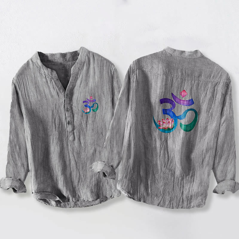 Buddha Stonesと蓮のOMシンボル柄 ハーフボタン メンズ コットンリネン 長袖シャツ - グレー - US/UK/AU50、EU60 (5XL) - image 0
