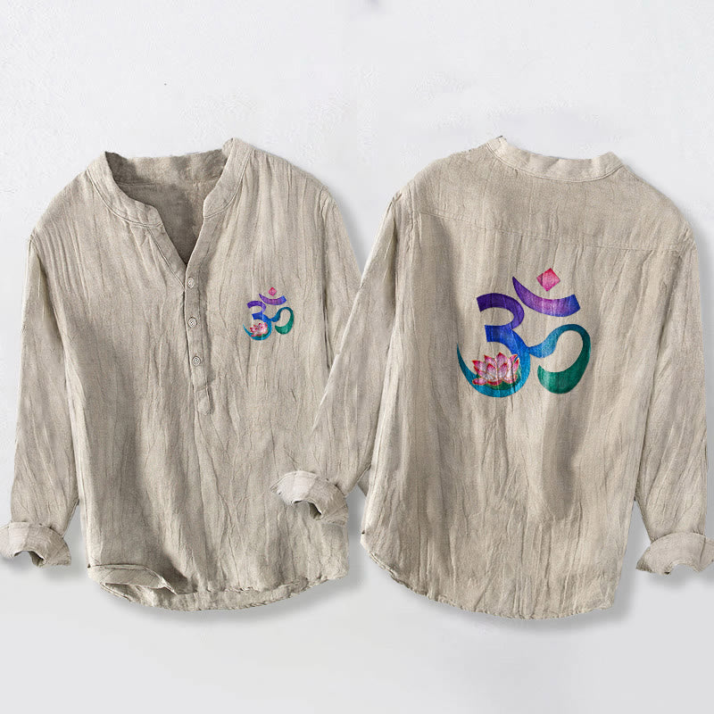 Buddha Stonesと蓮のOMシンボル柄 ハーフボタン メンズ コットンリネン 長袖シャツ - リネン - US/UK/AU50、EU60 (5XL) - image 3