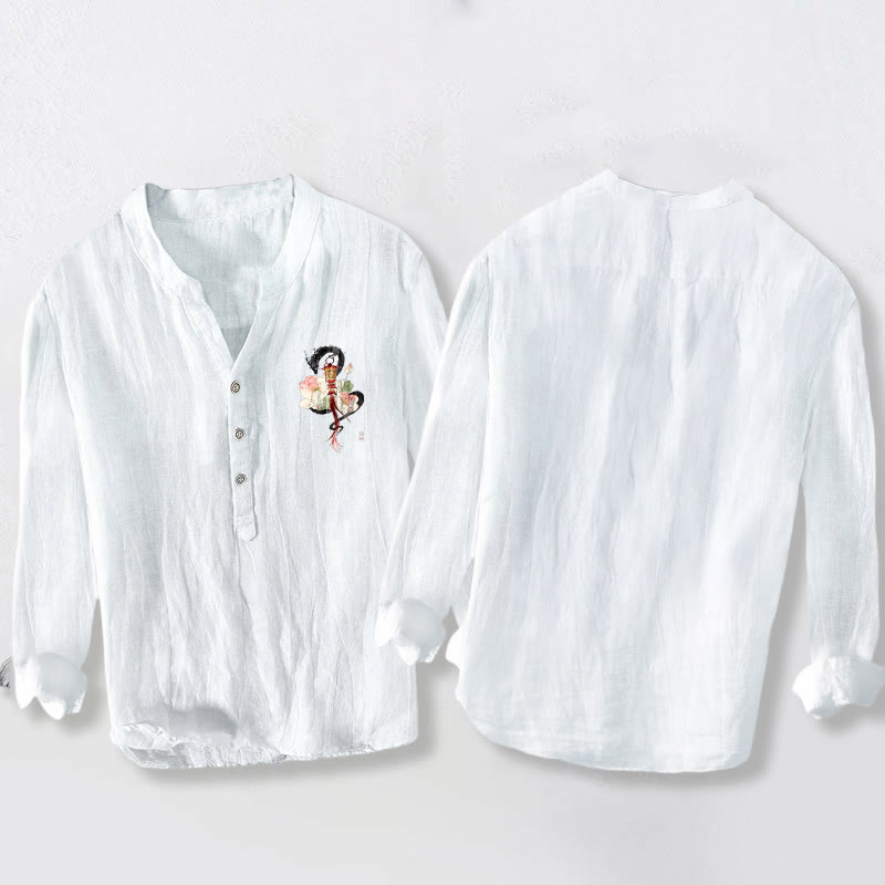 Buddha Stones龍蓮ランタン柄ハーフボタンメンズコットンリネン長袖シャツ - image 5