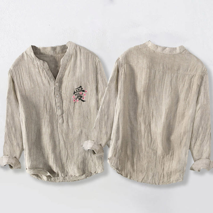 Buddha Stones桃の花 愛 キャラクター柄 ハーフボタン メンズ コットンリネン 長袖シャツ - image 2