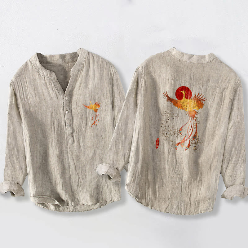 Buddha Stones、鳳凰、雲、赤い太陽の模様、ハーフボタン、メンズコットンリネン長袖シャツ - リネン - US/UK/AU50、EU60 (5XL) - image 0