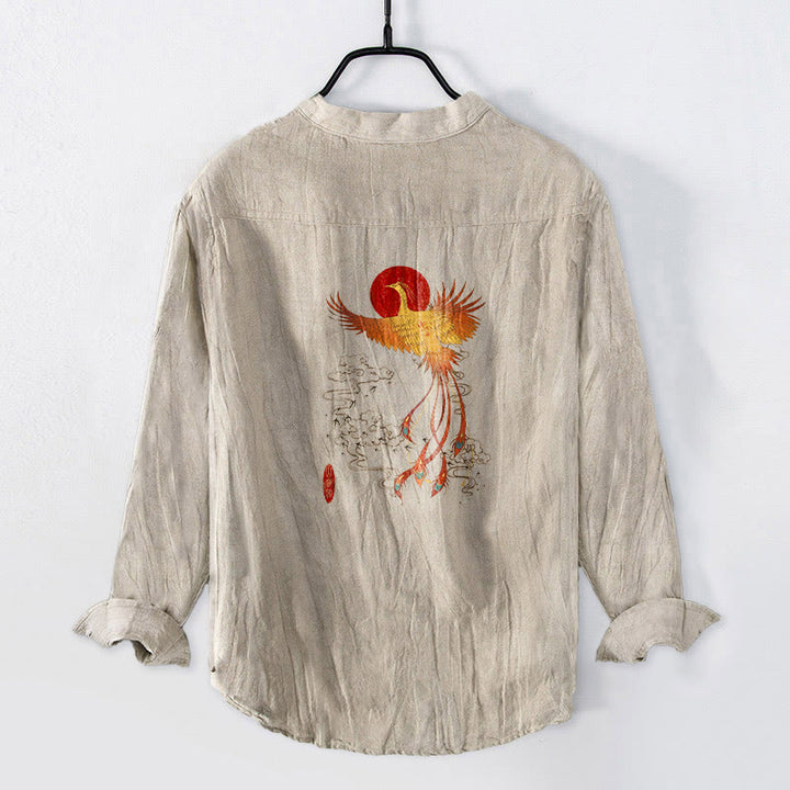 Buddha Stones、鳳凰、雲、赤い太陽の模様、ハーフボタン、メンズコットンリネン長袖シャツ - image 0