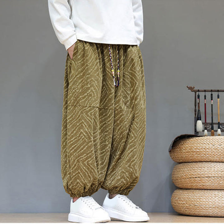 Buddha Stonesの秋の質感、ドローストリングデザイン、コーデュロイ、コットンリネン、ポケット付きメンズハーレムパンツ - image 32