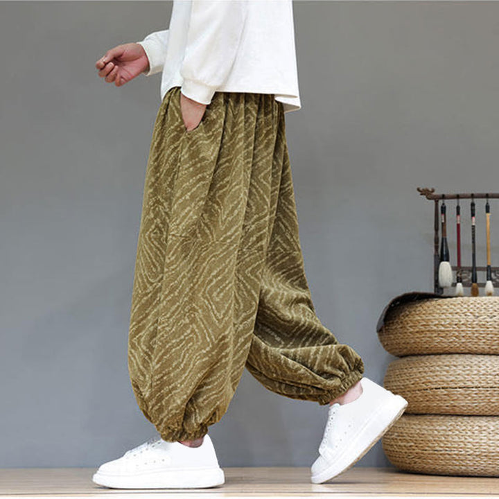 Buddha Stonesの秋の質感、ドローストリングデザイン、コーデュロイ、コットンリネン、ポケット付きメンズハーレムパンツ - image 37
