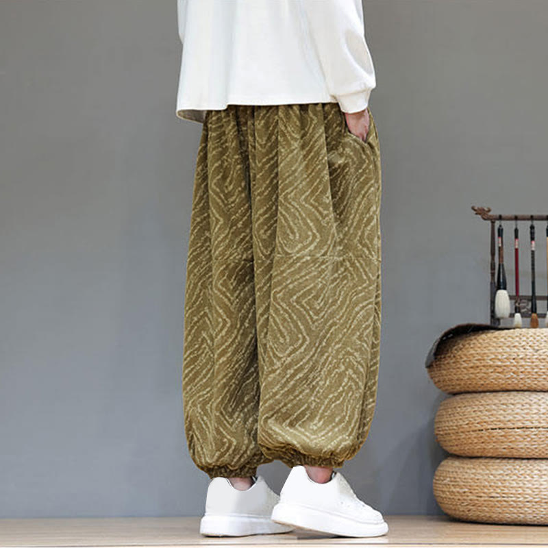 Buddha Stonesの秋の質感、ドローストリングデザイン、コーデュロイ、コットンリネン、ポケット付きメンズハーレムパンツ - image 34