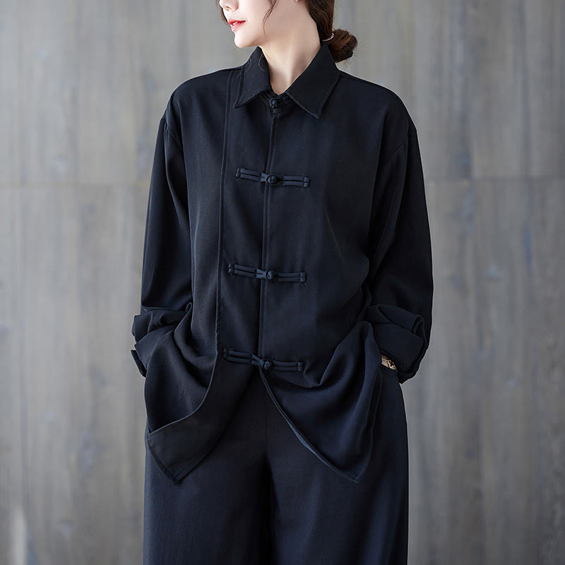 Buddha Stonesブラック プレーン フロッグボタン ラペル レディース コットン 長袖シャツ - 黒 - US12、 UK/AU16、 EU44 (XL) - image 0