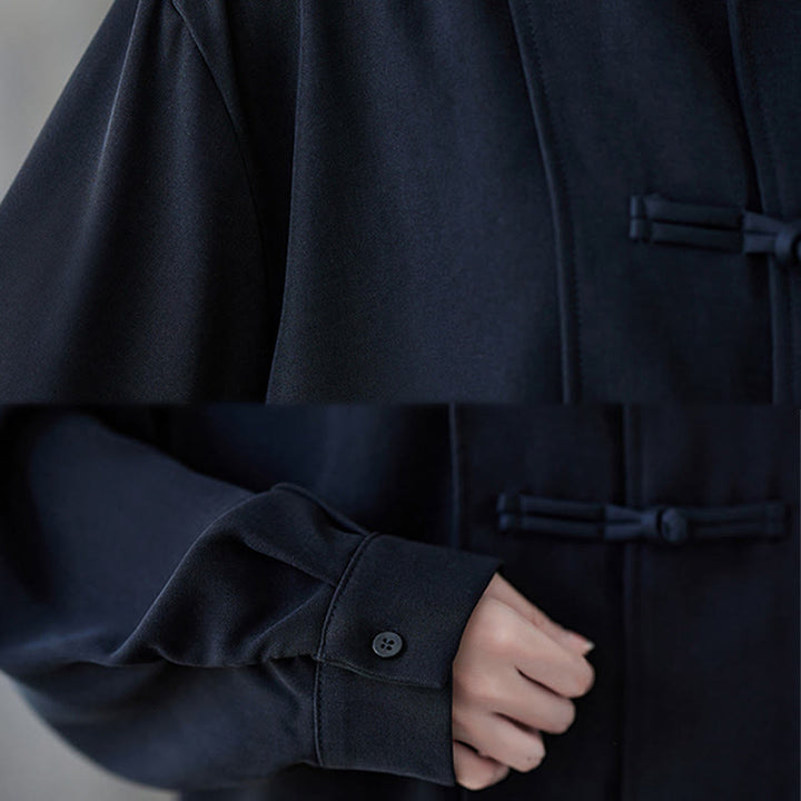 Buddha Stonesブラック プレーン フロッグボタン ラペル レディース コットン 長袖シャツ - image 11