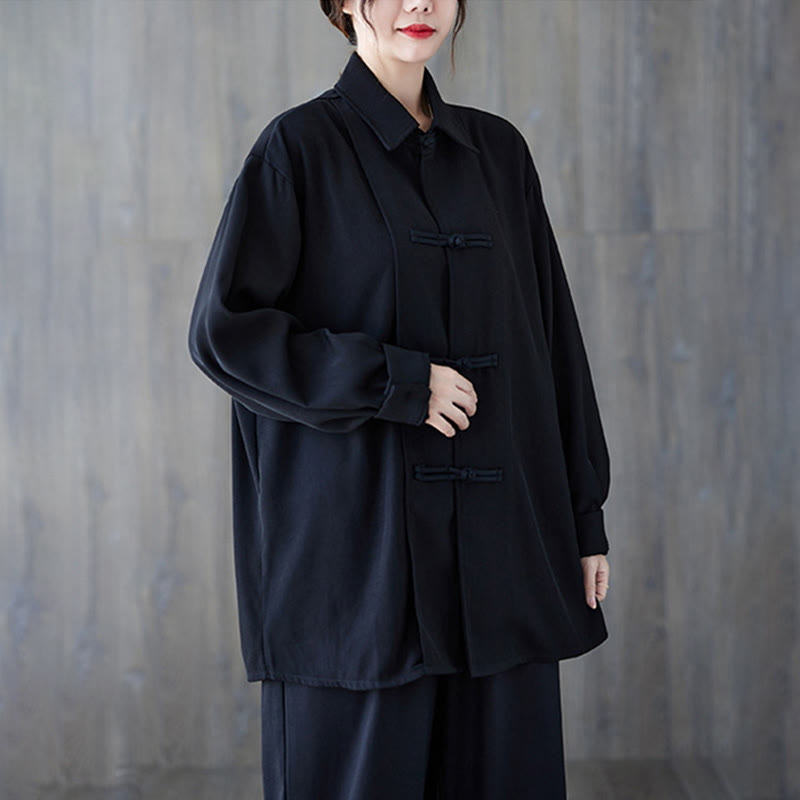 Buddha Stonesブラック プレーン フロッグボタン ラペル レディース コットン 長袖シャツ - image 4