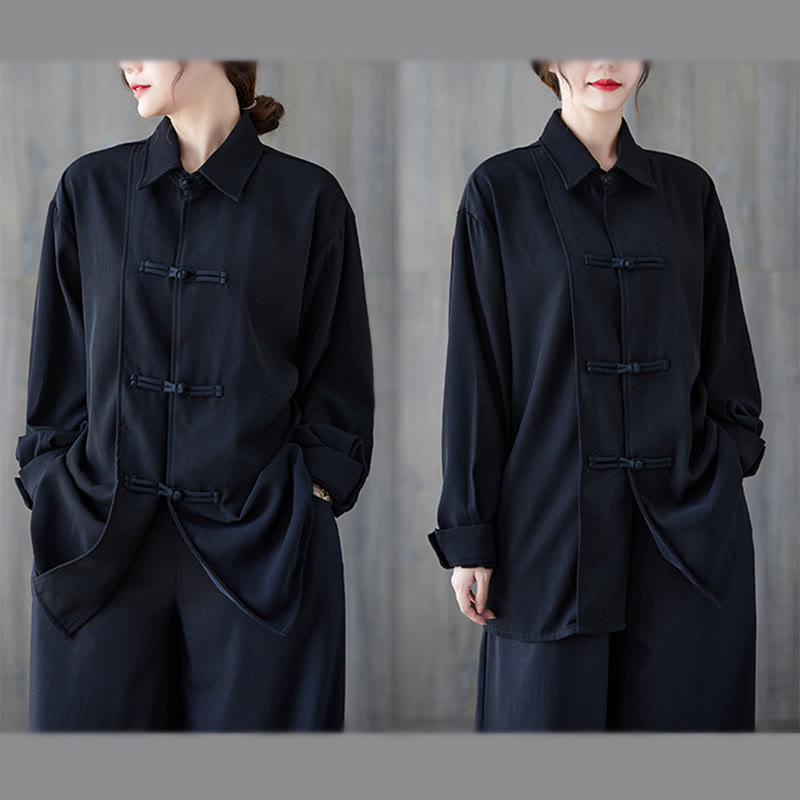 Buddha Stonesブラック プレーン フロッグボタン ラペル レディース コットン 長袖シャツ - image 5