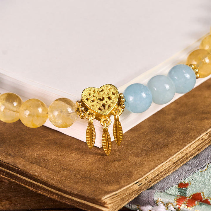 Buddha Stonesブルーカルセドニー シトリン ハートデザイン エネルギーキーホルダー 携帯電話用吊り下げ装飾 - image 1