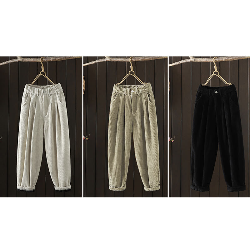 Buddha Stonesレディース 冬用 無地 コーデュロイ コットン ハイウエスト フリース裏地 ハーレムパンツ ポケット付き - image 24