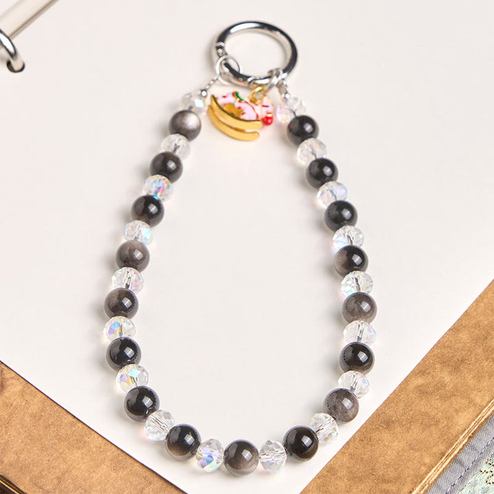 Buddha Stones午年 銀色光沢 黒曜石 守護キーホルダー 携帯電話吊り下げ装飾 - シルバーシーンオブシディアン（癒し♥お守り） - image 0