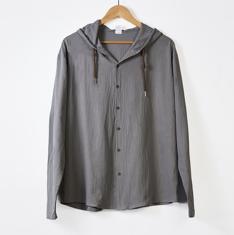 Buddha Stones無地 長袖 フード付き ドローストリングボタン コットン メンズシャツ - image 11