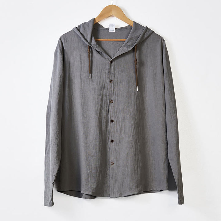 Buddha Stones無地 長袖 フード付き ドローストリングボタン コットン メンズシャツ - image 11