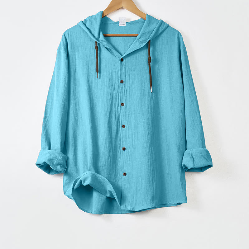 Buddha Stones無地 長袖 フード付き ドローストリングボタン コットン メンズシャツ - ライトスカイブルー - US/UK/AU44、 EU54 (3XL) - image 14