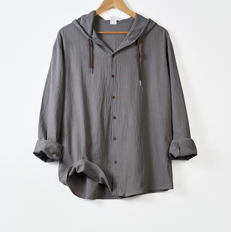 Buddha Stones無地 長袖 フード付き ドローストリングボタン コットン メンズシャツ - ダークグレー - US/UK/AU44、 EU54 (3XL) - image 10