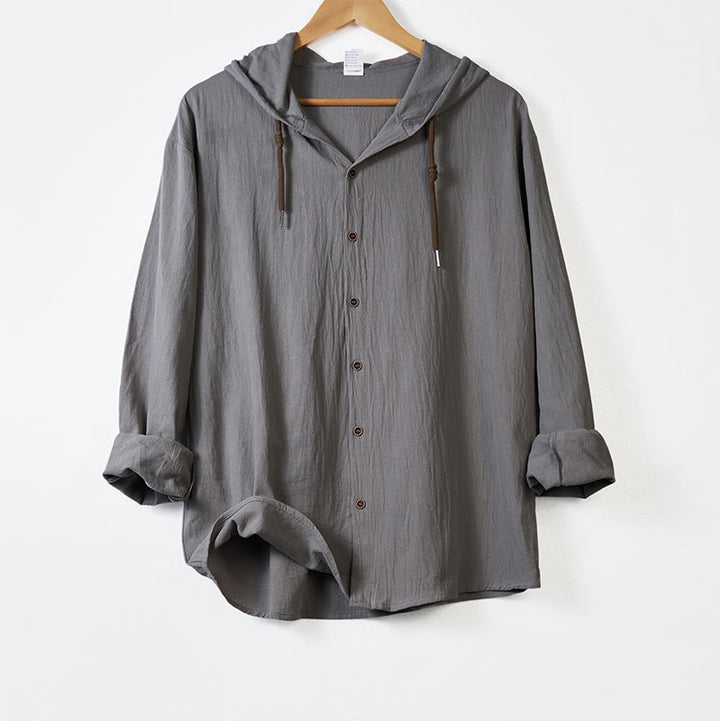 Buddha Stones無地 長袖 フード付き ドローストリングボタン コットン メンズシャツ - ダークグレー - US/UK/AU44、 EU54 (3XL) - image 10