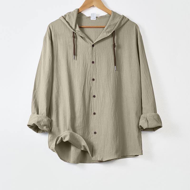 Buddha Stones無地 長袖 フード付き ドローストリングボタン コットン メンズシャツ - ベージュ - US/UK/AU44、 EU54 (3XL) - image 15
