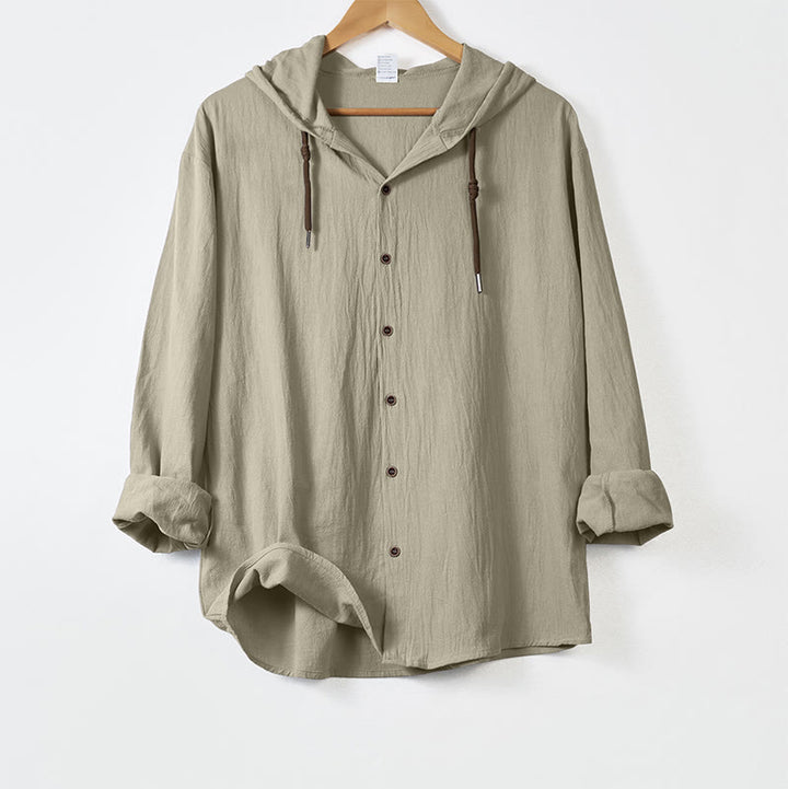 Buddha Stones無地 長袖 フード付き ドローストリングボタン コットン メンズシャツ - ベージュ - US/UK/AU44、 EU54 (3XL) - image 15
