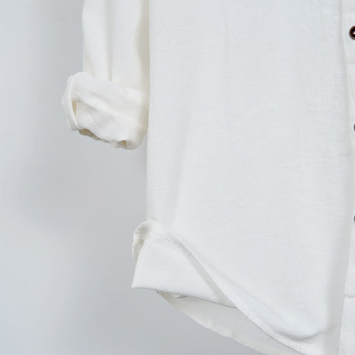 Buddha Stones無地 長袖 フード付き ドローストリング ボタン リネン メンズ シャツ - image 8