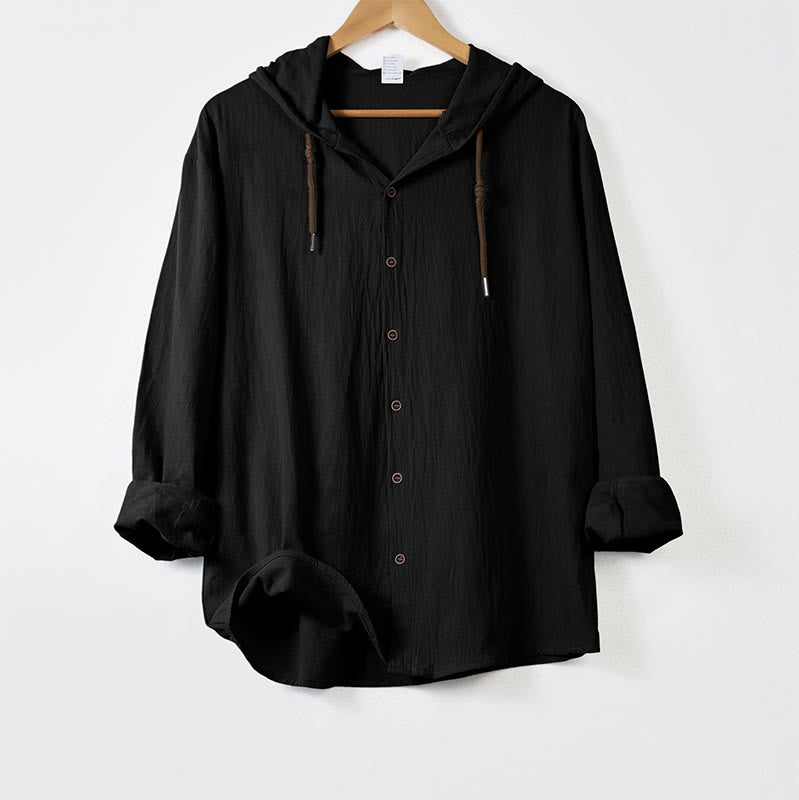 Buddha Stones無地 長袖 フード付き ドローストリングボタン コットン メンズシャツ - 黒 - US/UK/AU44、 EU54 (3XL) - image 9