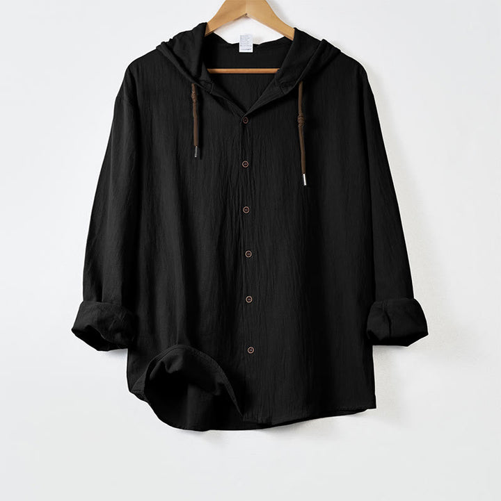 Buddha Stones無地 長袖 フード付き ドローストリングボタン コットン メンズシャツ - 黒 - US/UK/AU44、 EU54 (3XL) - image 9